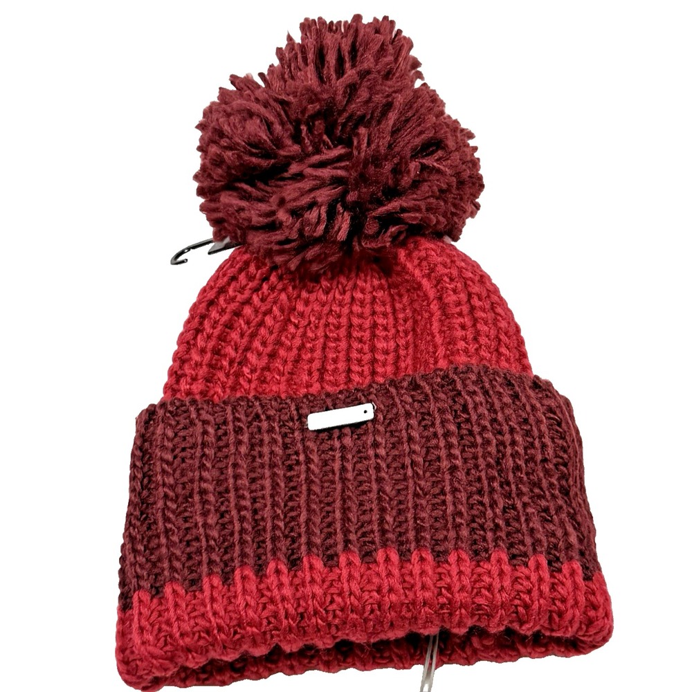 BENCH Chunky Ribbed Knit Pom Pom Beanie Maroon Red One Size Fisherman Travel NWT
